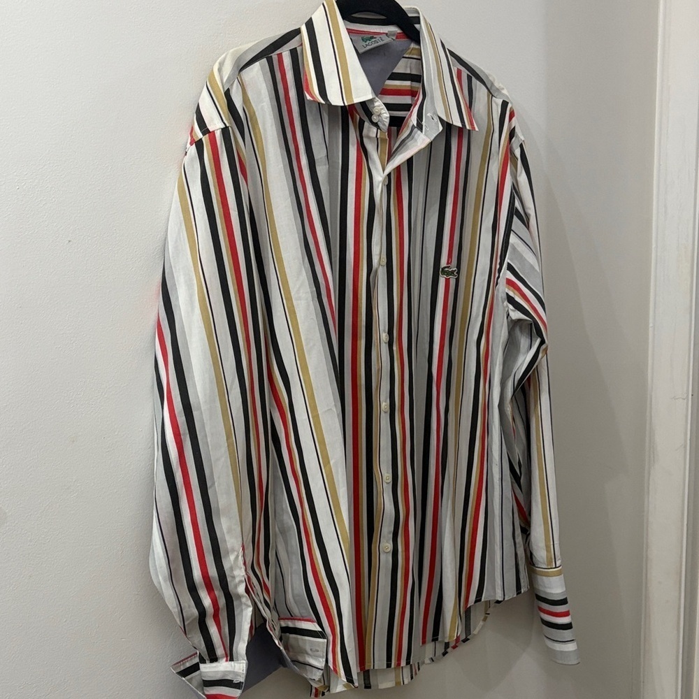 Lacoste Men's Vertical Striped Shirt - Red, Black, Yellow - button down - XL